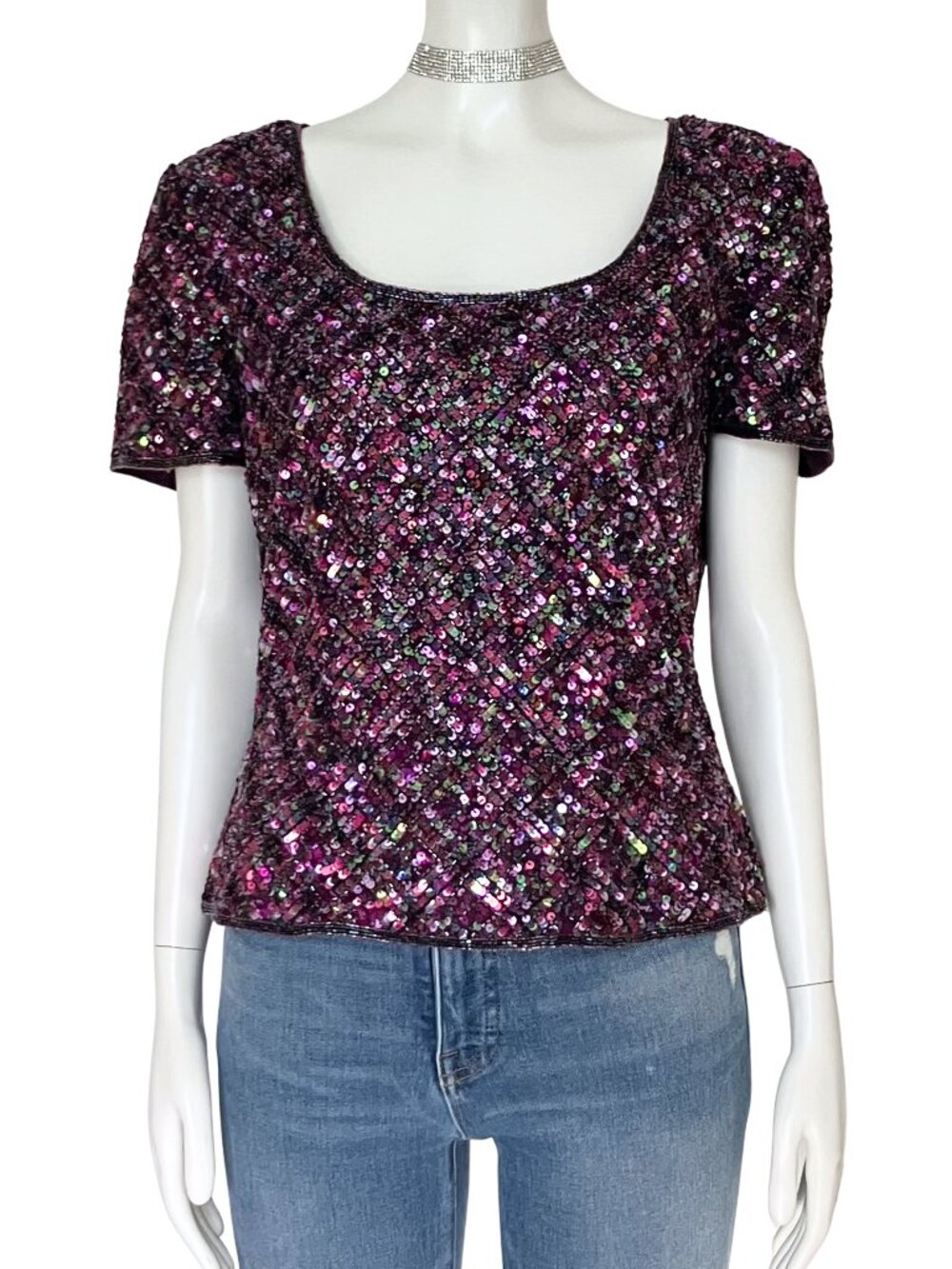 Vintage 90s 100% Silk Adrianna Papell Purple Sequin Beaded Top. Large 12. Glam